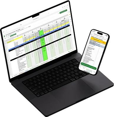 Planilha de gestão de obras apresentada num computador portátil e num telemóvel